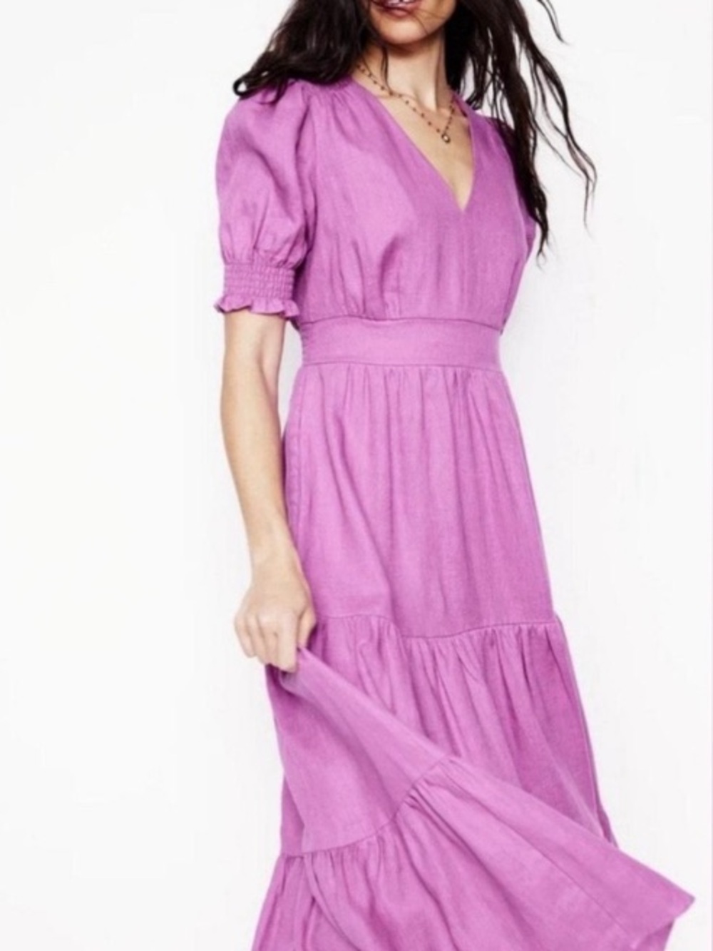 Boden Anna Tiered Linen Midi Dress Magenta